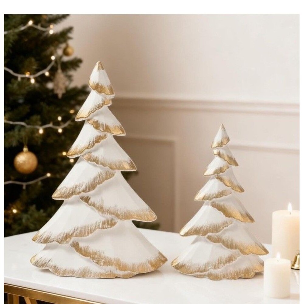 Christmas Tree Figurines Wood Set of 2 White Gold Modern Tabletop Decor